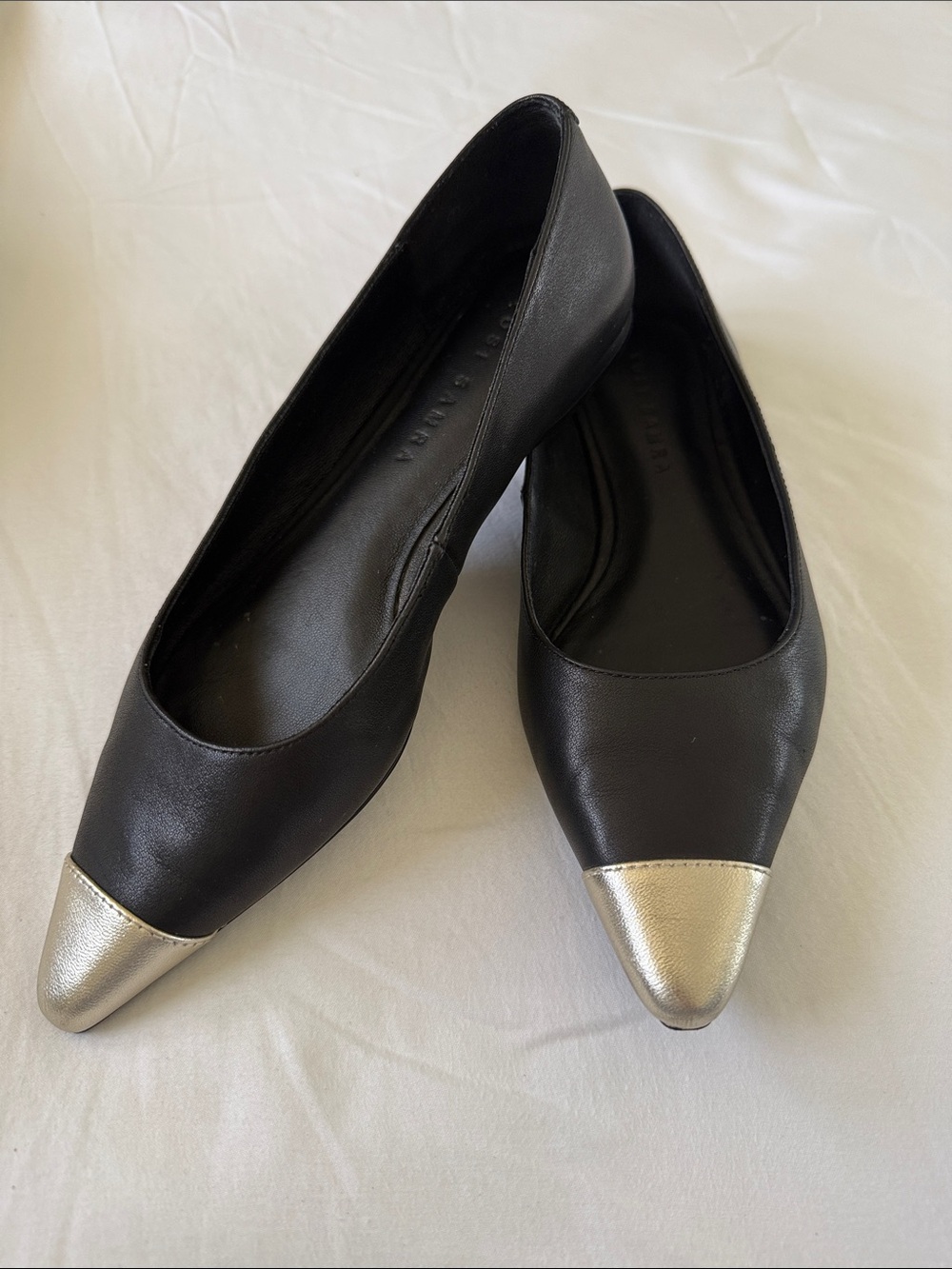 Yosi Samra Black Flats with Light Gold Pointed Toe Caps
